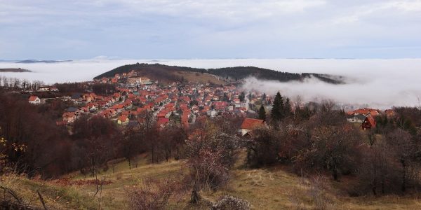 Mountains town in clouds